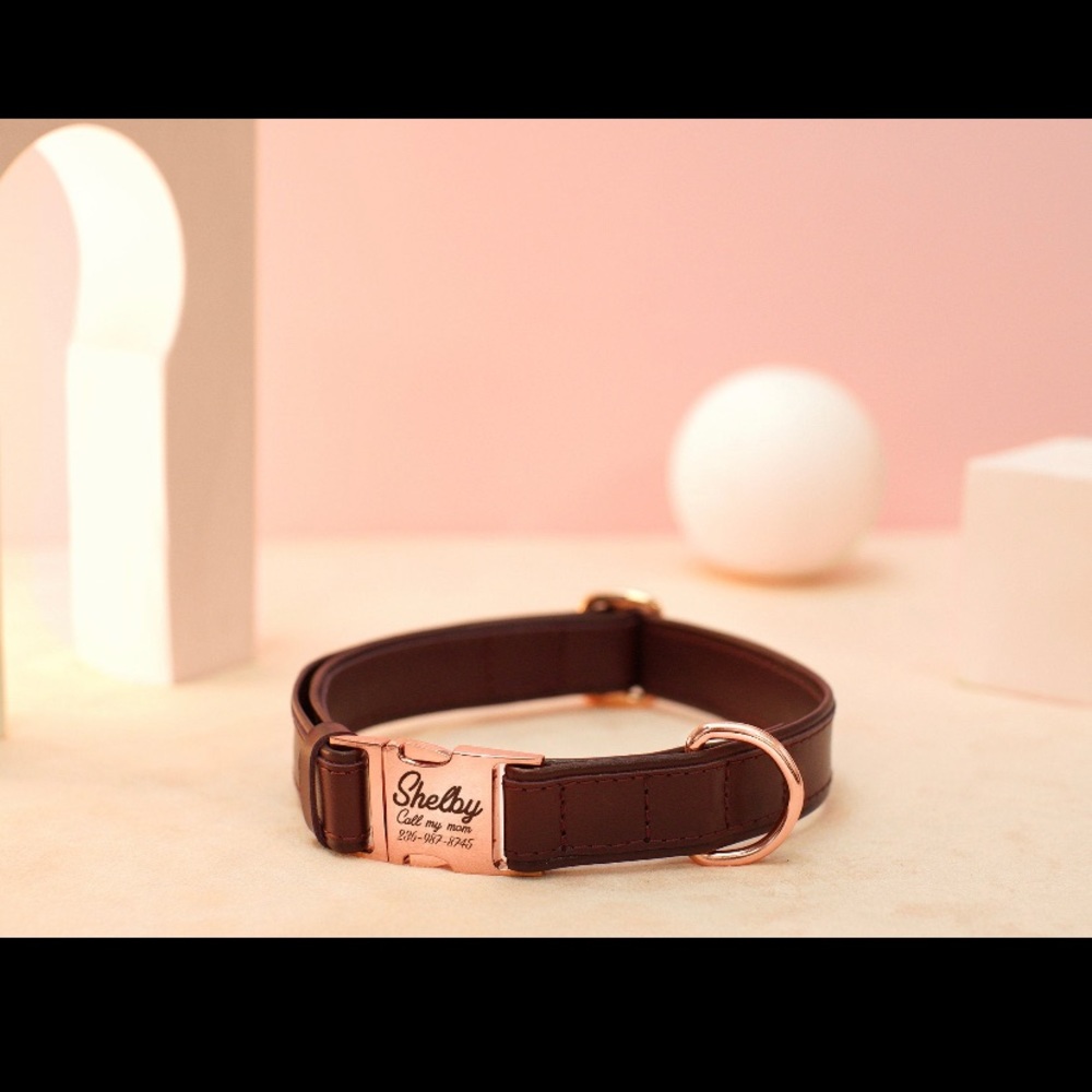 Leather dog collar burgundy rose gold buckle large